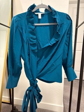 Diane Von Furstenberg- Ruffled Tie-Waist Wrap Blouse - Teal
